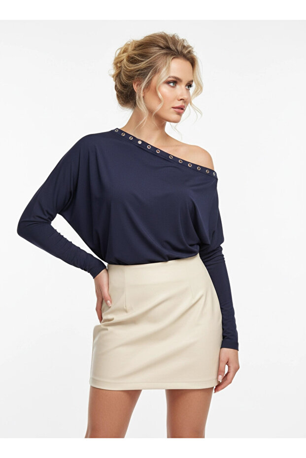 Women's Boat Neck Batwing Sleeve Lycra Jersey Blouse with Eyelets 13003
