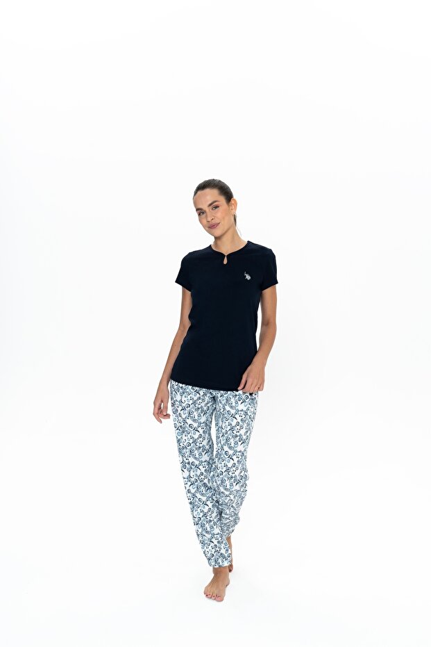 Women's Navy Blue 100% Cotton Crew Neck Pajama Set - Arsno20L05B4R