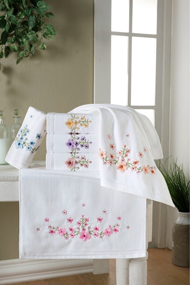 Asude White Velvet 3D Embroidered Boxed 50X90 cm 100% Cotton