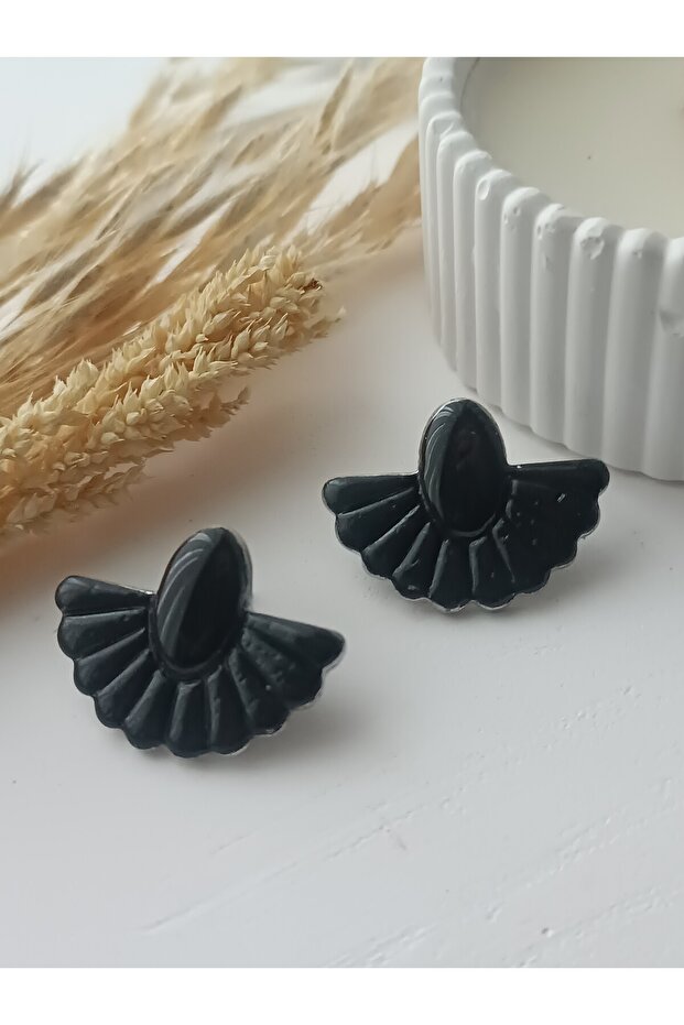 Black Fan Handmade Polymer Clay Earrings with Steel Earrings