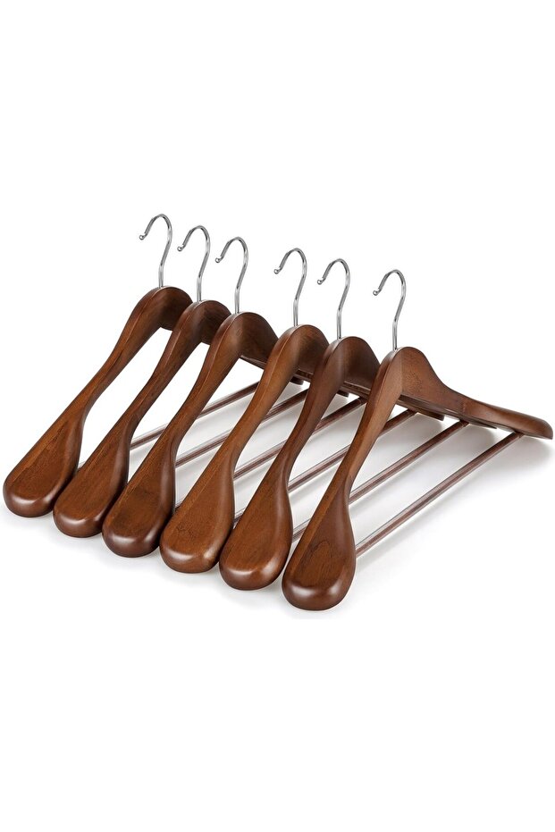 Wooden Walnut Hanger Thick Shoulder Suit Coat Hanger 6 Pieces Non-Slip Trouser Bar