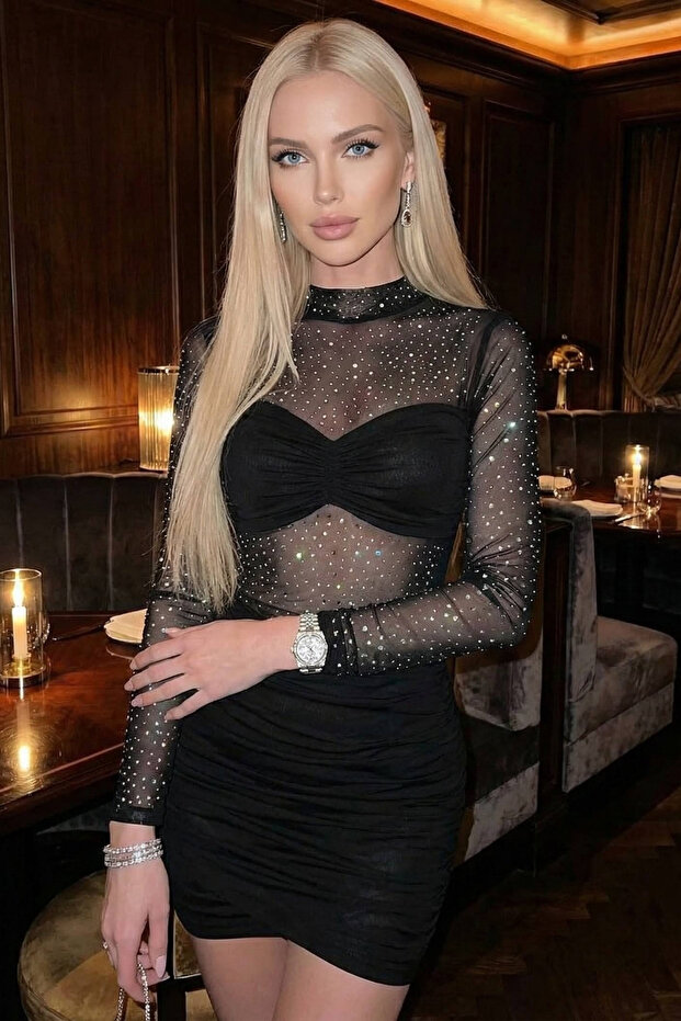 Taşlı Baskılı Bluz Crop Model Basic Mini Elbise - 1