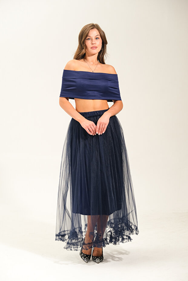 Ruffle Detailed Long Tulle Skirt
