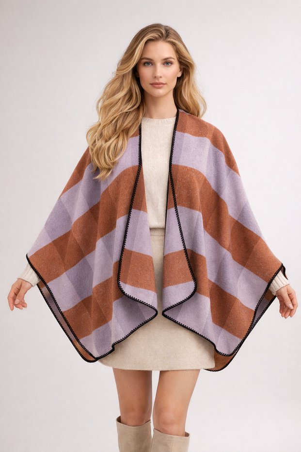Poncho Open Front Women's Checkered - Shoulder Shawl Batwing Sleeve