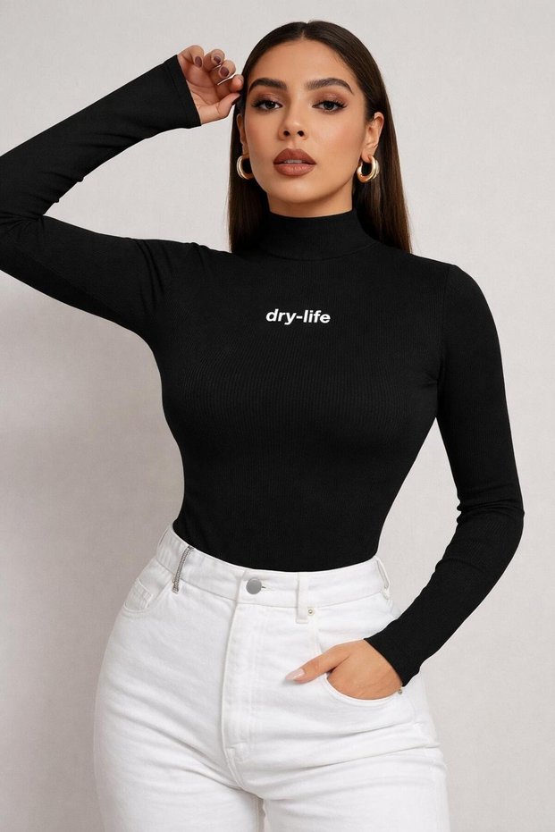 Women's Half Turtleneck Corded Fabric Ribbed Knit Cotton Body Blouse