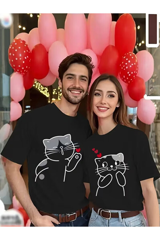 تي شيرت أساسي عادي بتصميم قطة لطيف ومتناسق للزوجين، قطعتان - 1