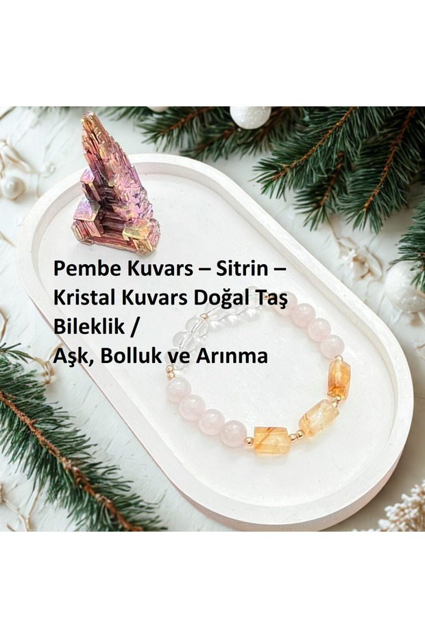 Pink Quartz - Citrine - Crystal Quartz Natural Stone Bracelet / Combination of Love, Abundance and Purification