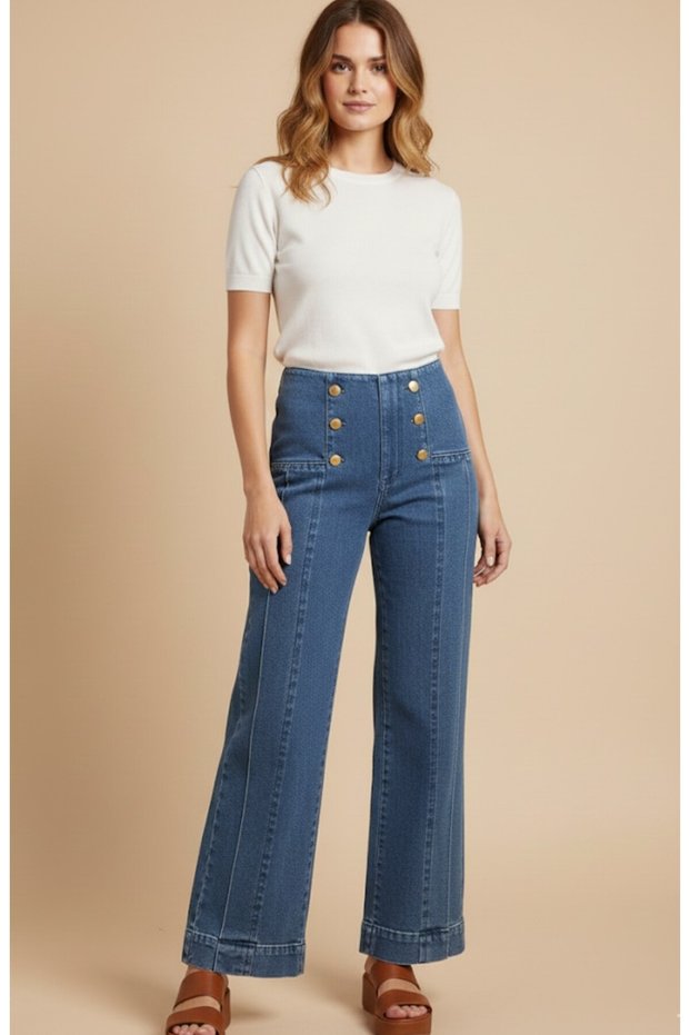 Women's Retro-Inspired Gold Button Sailor Jeans - High Waist & Wide Leg