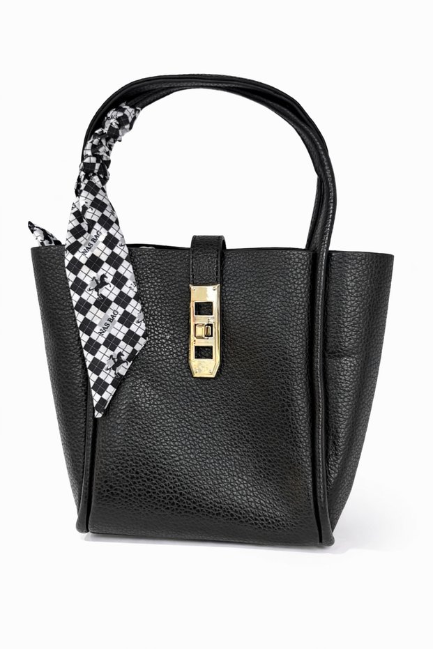 Women's Black Hand & Shoulder Bag | Gold Lock Detailed | Scarf with Accessories