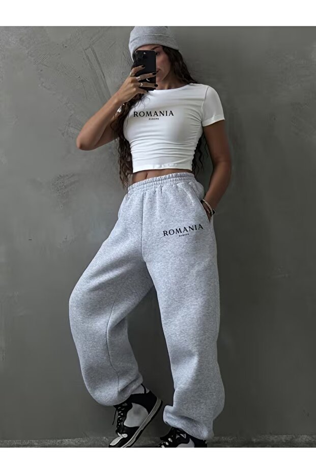 Women's Romania Printed Baby Tee Combed Cotton Crop and Sweatpants - Two Piece Sweatsuit Set