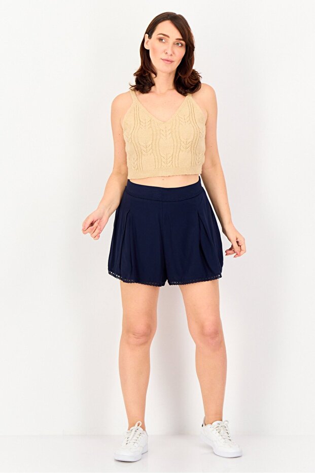 Women Solid Basic Shorts, Navy Blue - 2