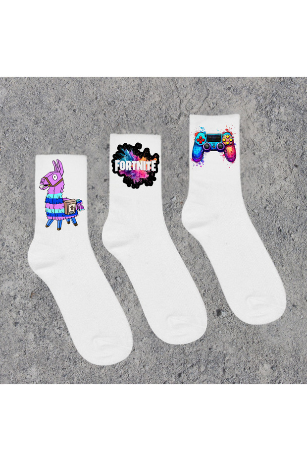 Console Game Llama Printed White School Socks (Set of 3)