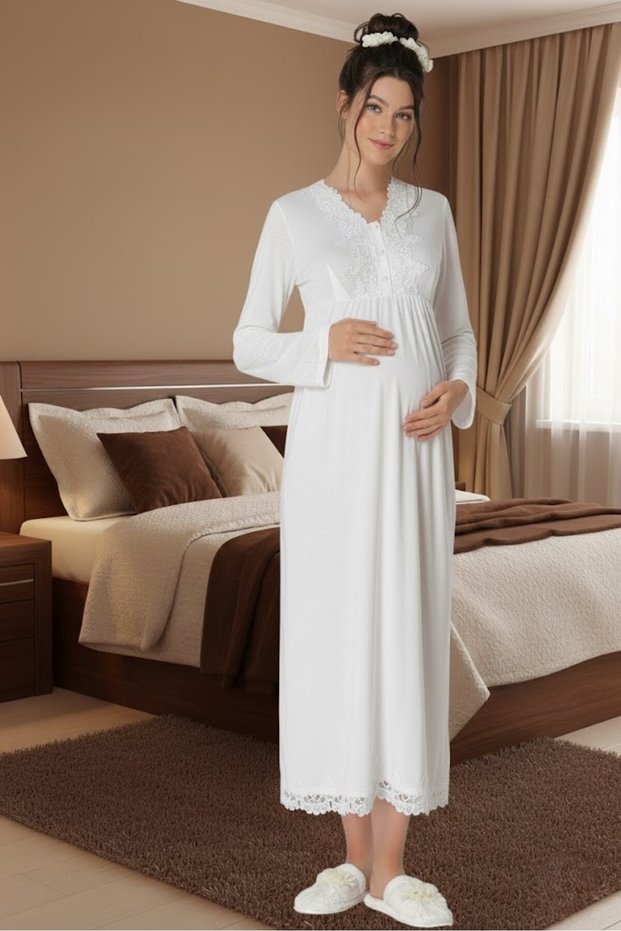 Women's Ecru Stylish Long Sleeve Lace Detailed Special Design Maternity Nightgown