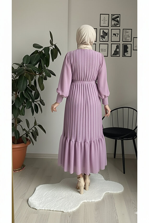 Şifon Piliseli Elbise - 5