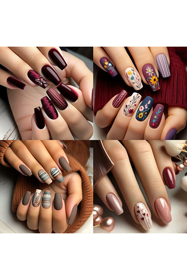 ZH-27 96/24-piece ballet coffin press-on nail set, mixed red shades. Medium length, glossy finish, f