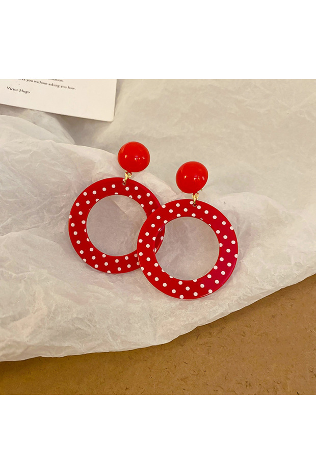 Red color Red Round White Polka Dot Ring Dangle Earrings Hong Kong Style Exaggerated Vintage Young A
