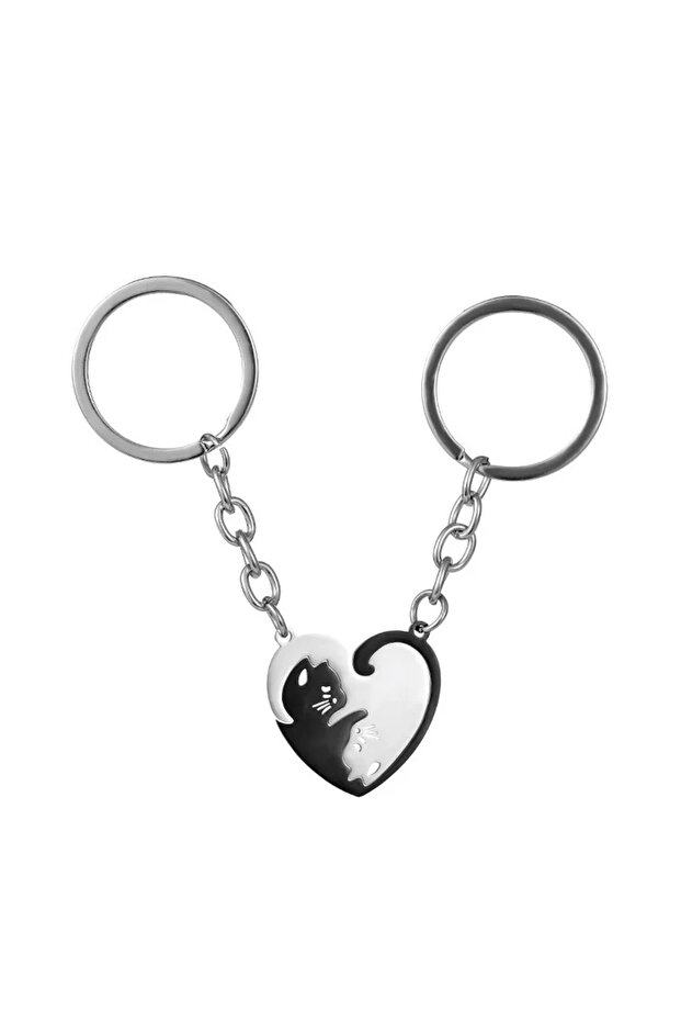 Bundle1 AYSK017 Small Item Portable Stainless Steel Keychain Heart-shaped Splicing Cat Yin