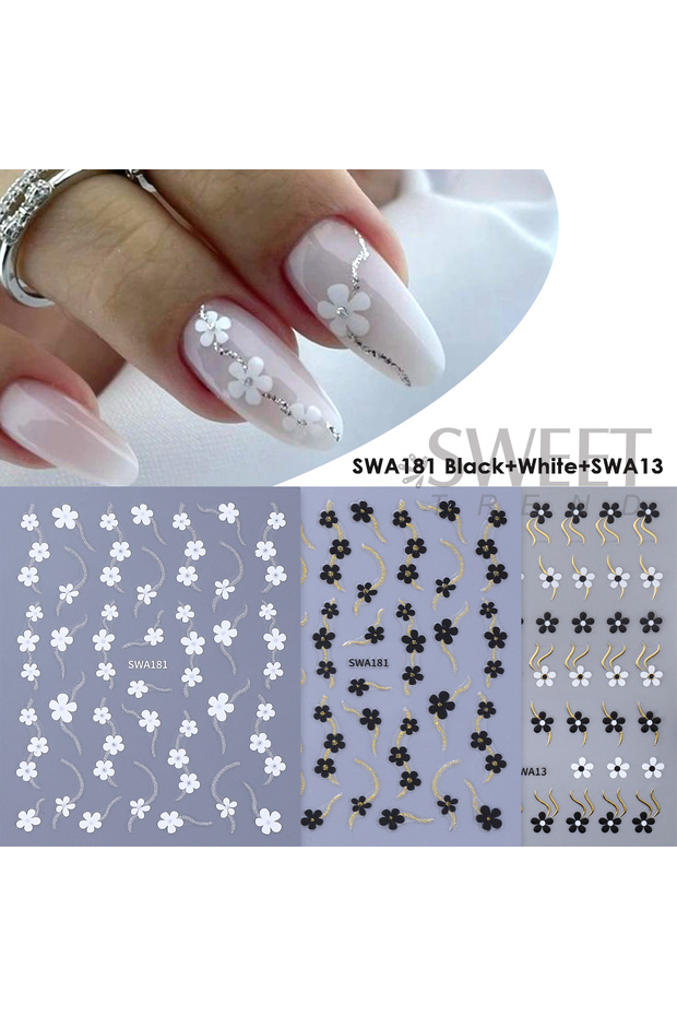 SWA181 2color SWA13 3pcs Black White Small Flower Nail Glitter Stickers Gold Silver Swirl Line Flora