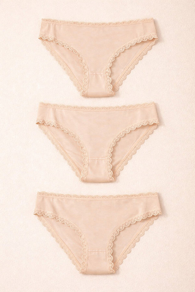 Kadın 3'lü Dantelli Basic Slip Külot Ten - 2
