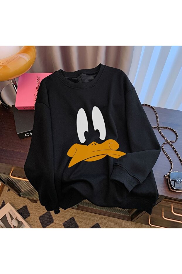 Duck Printed Unisex Winter Children's Sweatshirt Black