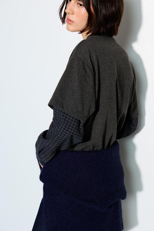 Kareli çift kollu t-shirt - 4