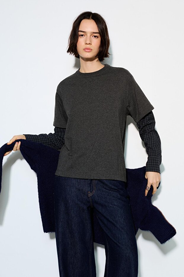 Kareli çift kollu t-shirt - 2