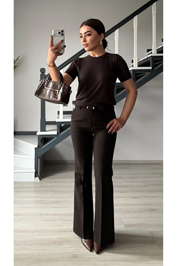 Acı Kahve Kısa Kol Basic Triko Bluz - 5