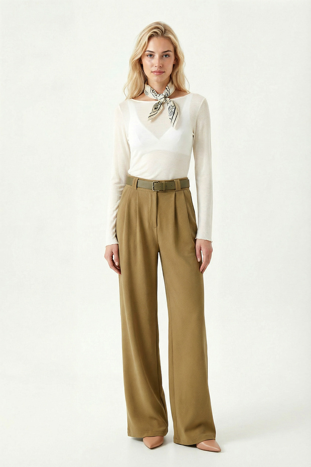 Belted Wide Leg Stretch Knit Pants Lzv0045 Olive Green
