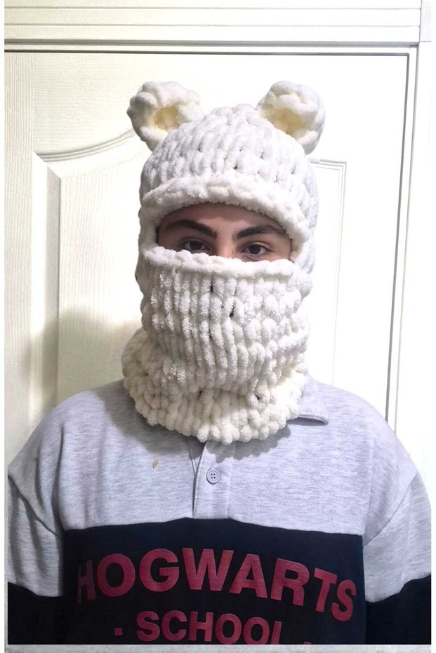 Puffy Cream Hand Knitted Wegh Snow Mask Beanie & Muscle Cover Balaclava