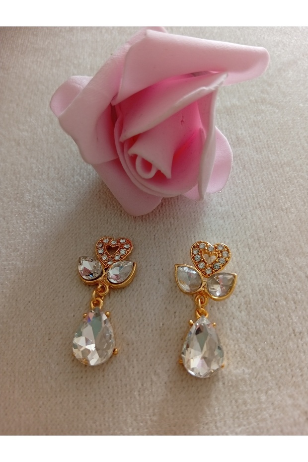 White Stone Evening Dress Dangle Gold Earrings Are Handmade in Steel