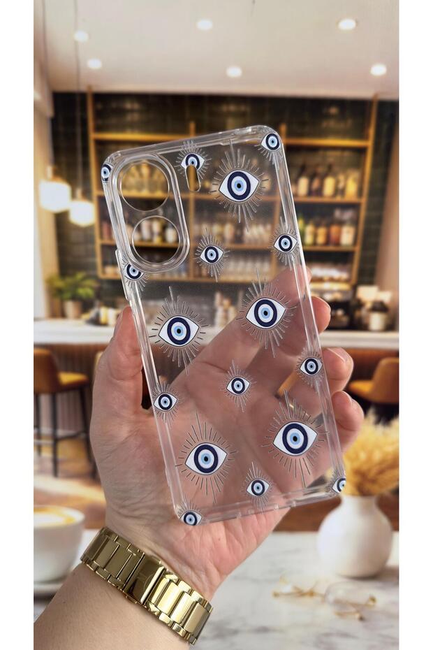 Redmi 13C Compatible Evileye Patterned Transparent Shock-Absorbing Camera Protected Clear Case - 1