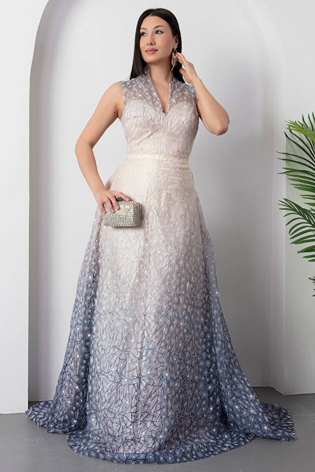 V Yaka Gloplu Tül Elbise 5080 - 7