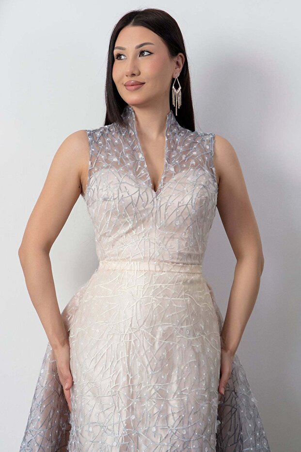 V Yaka Gloplu Tül Elbise 5080 - 2