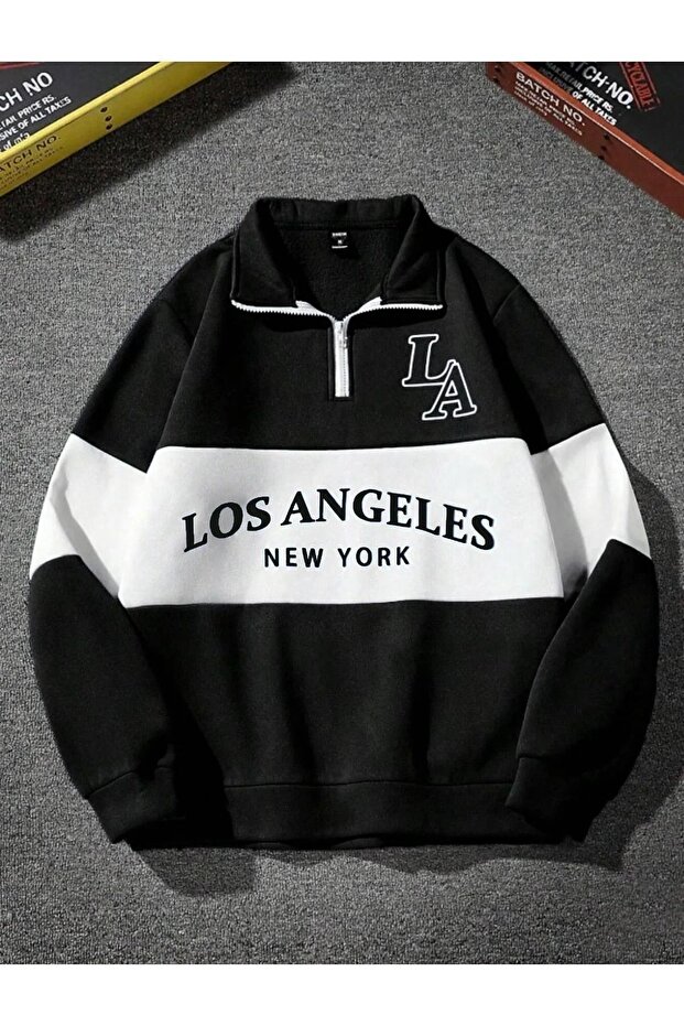 Black and White Patchwork Color Los Angeles Printed Half Zip Polo Neck Sweatshirt (One Piece)