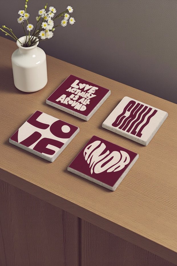 Pop Art Love Chill Themed Valentine's Day Gift Natural Stone Travertine Coasters Set of 4