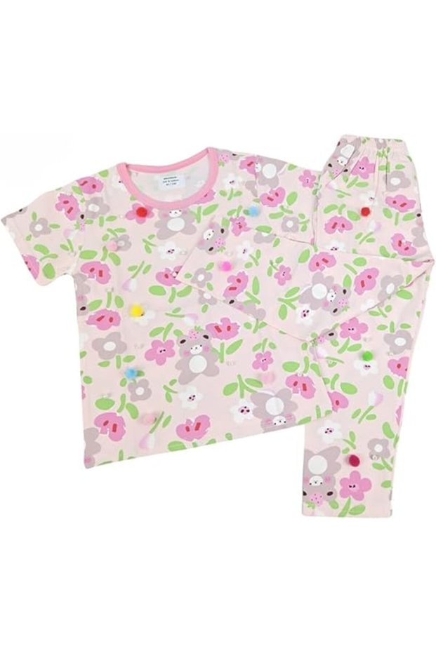 Pink Flower Teddy Print Shirt & Pant Set for Girls