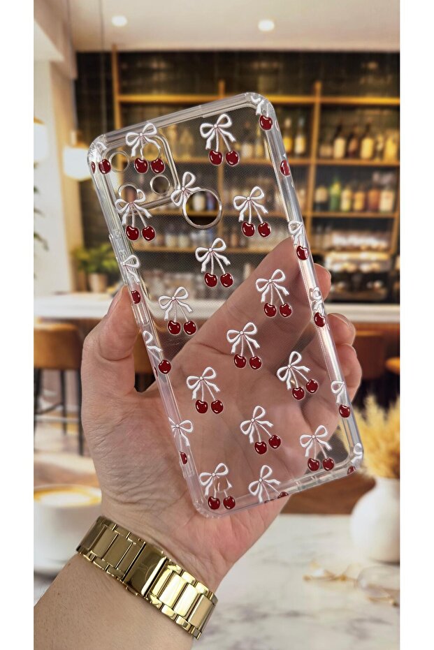 Realme C21Y Compatible Cherry Patterned Transparent Shock-Absorbing Camera Protected Clear Case - 1