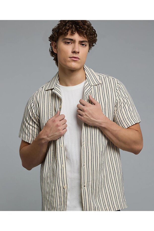 Striped Shirt with Revere Collar and Short Sleeves