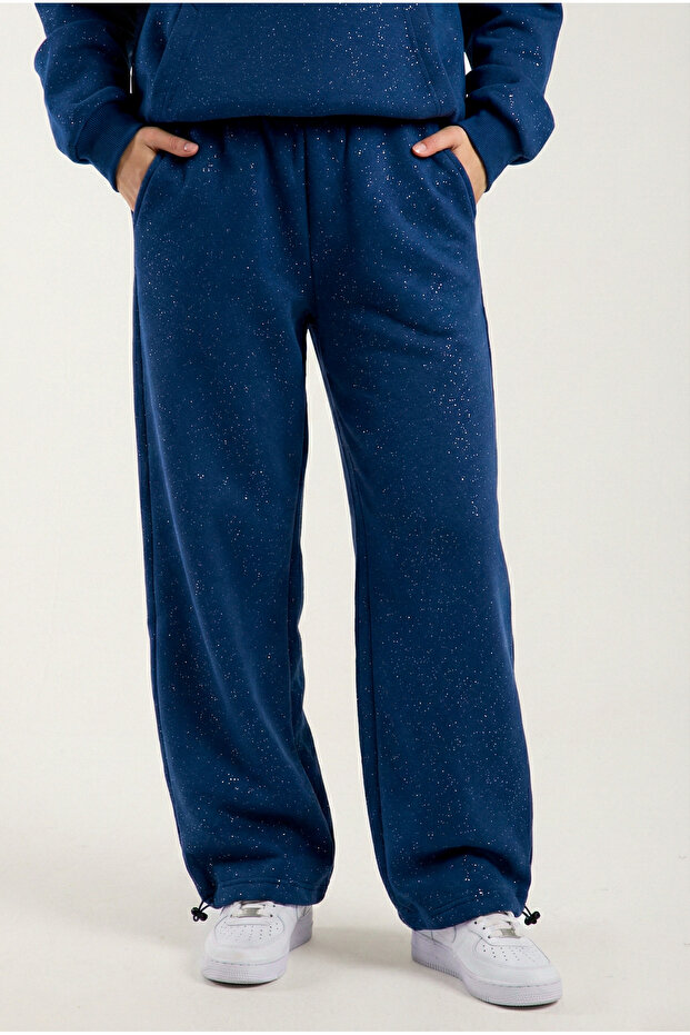 Women's Silvery Glitter Baggy Leg Adjustable Fleece-Lined Sweatpants