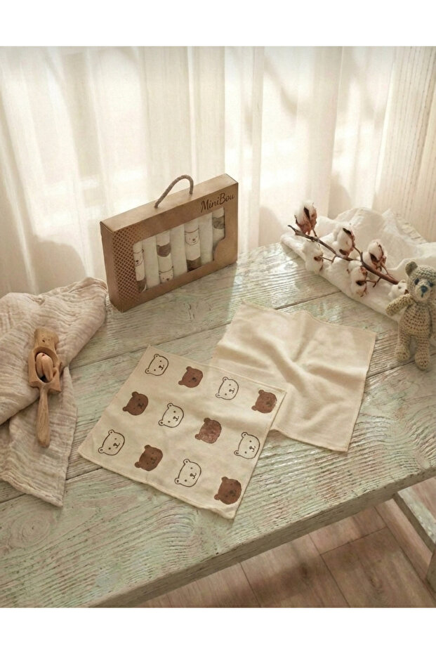 Baby Soft Combed Cotton Mouth Wipes with Cat Pattern - 7 Pieces - Ecru 100% Cotton