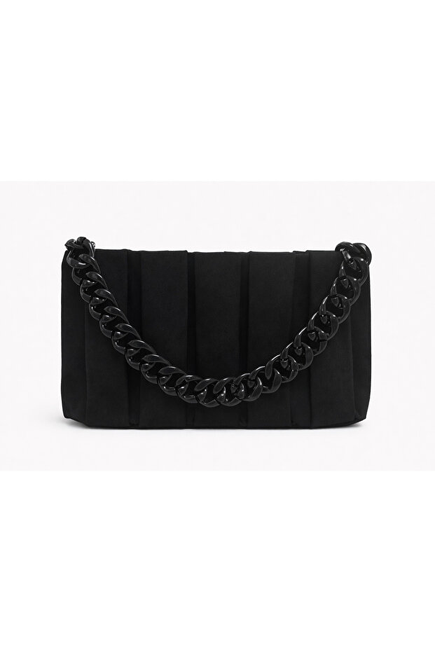 Women's Black Suede Chain Strap - Long Strap Hand and Shoulder Bag