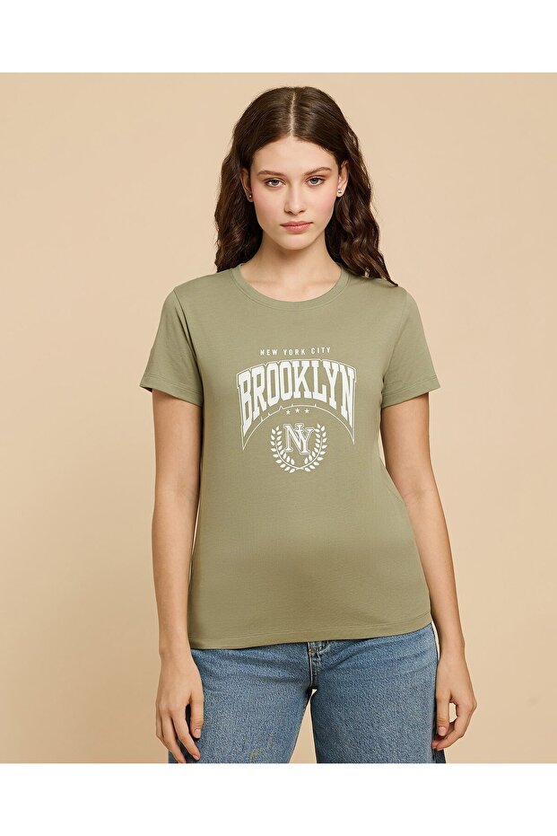 Typography Print T-Shirt with Crew Neck and Short Sleeves