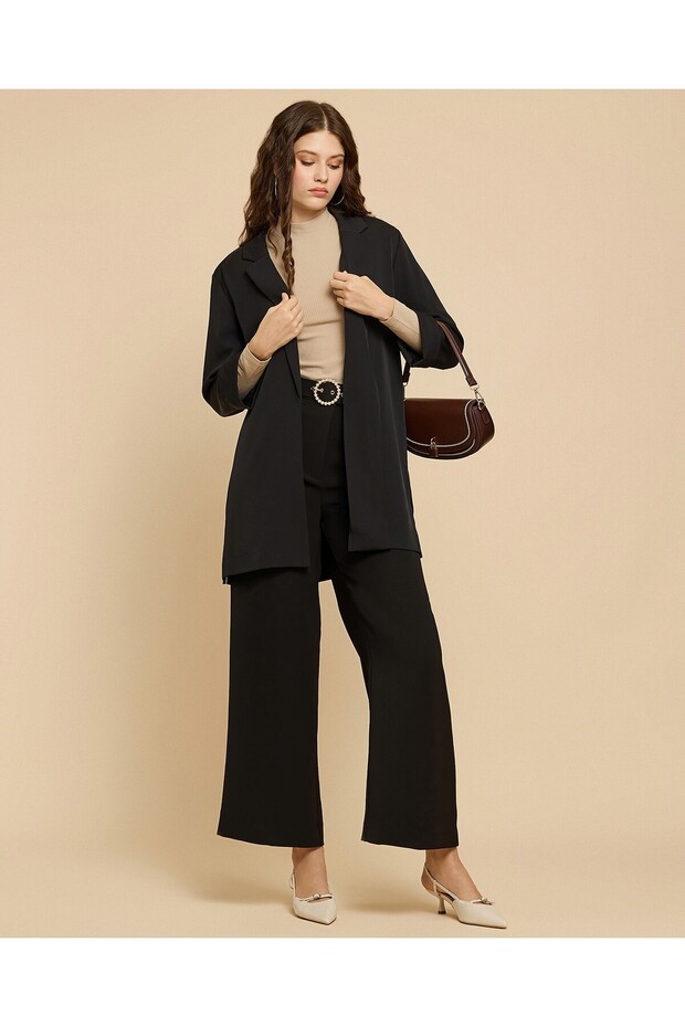 جاكيت سادة بياقة مدببة وأكمام ثلاثة أرباع - 2