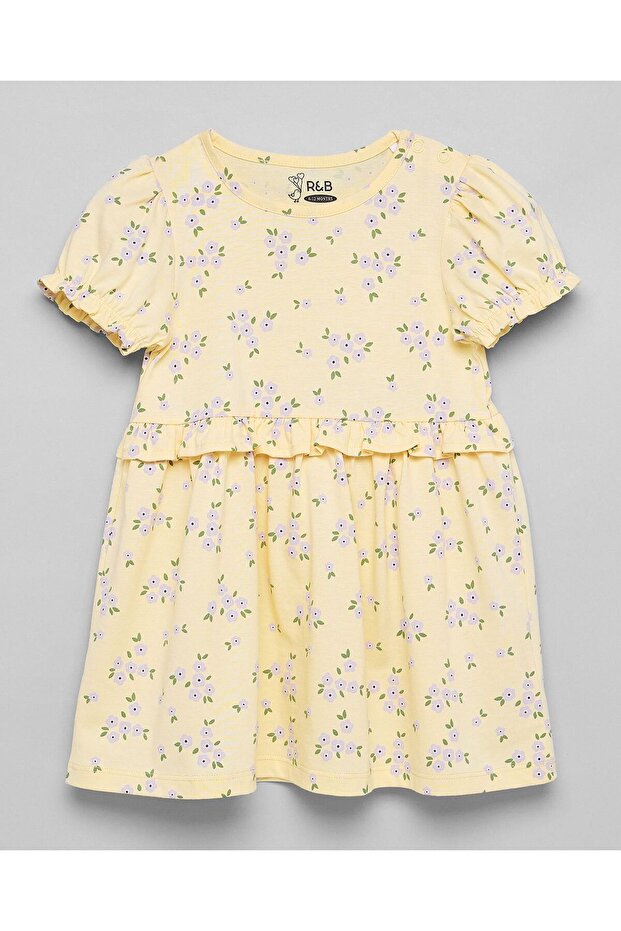 Printed A-Line Dress with Crew Neck and Puff Sleeves