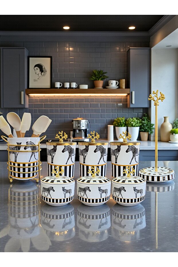 Kitchen Set 103 Spice Jar Breakfast Paper Towel Holder Spoon Rest Zebra Horse Pattern Gold - Feray Home