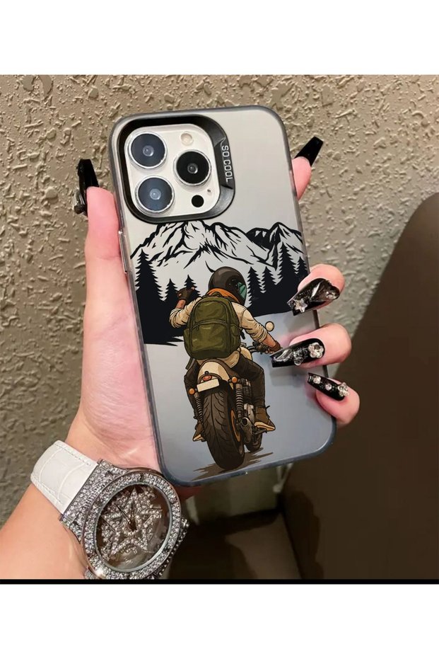 iPhone 16 Pro Compatible Dirt-Repellent Biker Print Pattern Phone Case Mk01A