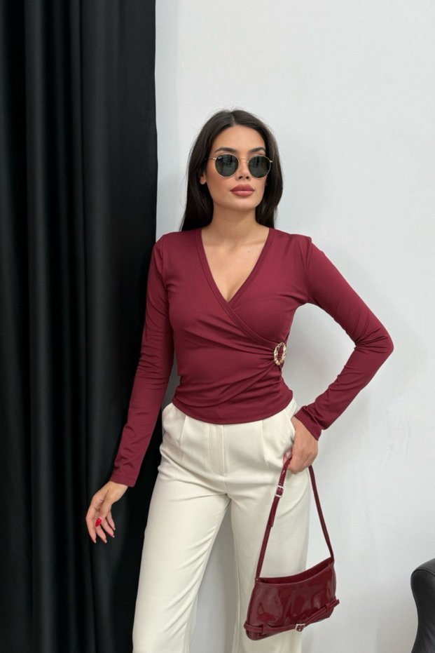 Women's V-Neck Blouse with Buckle Detail at the Waist