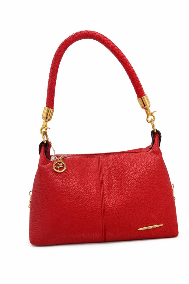 Women's Red Shoulder and Crossbody Bag - Real Leather Bag with Gold Detail (Width 23 Length 14 cm)