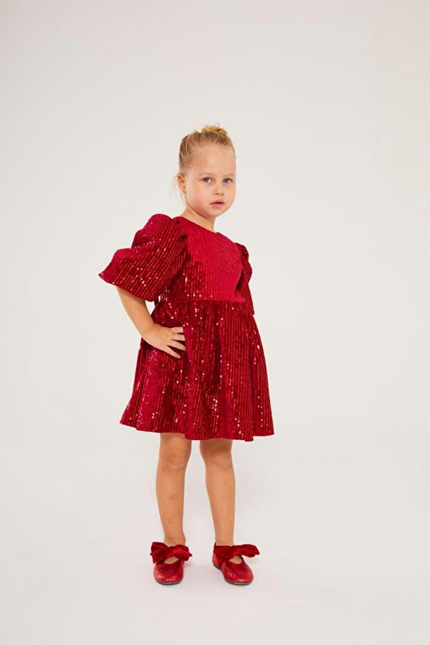 Pullu Balon Kol Kız Çocuk Elbise - 3