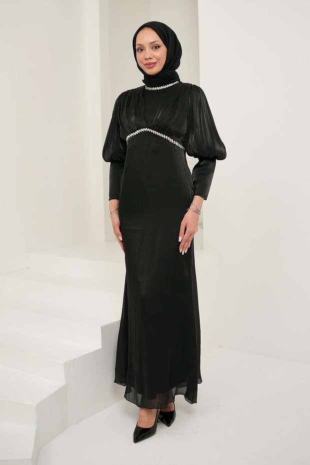 Black Pleated Front Stone Evening Dress